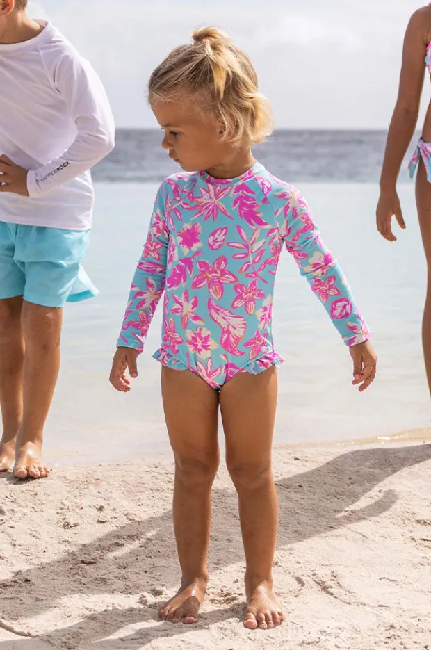 Rashies & Sunsuits|Snapper Rock Girls Tropical Glow Sunsuit Blue/Pink
