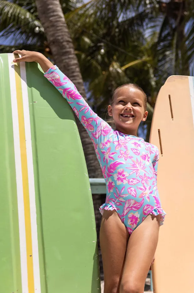 Rashies & Sunsuits|Snapper Rock Girls Tropical Glow Sunsuit Blue/Pink