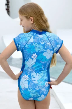 Rashies & Sunsuits|Salty Ink Girls Tropicana Short Sleeve Sunsuit Blue