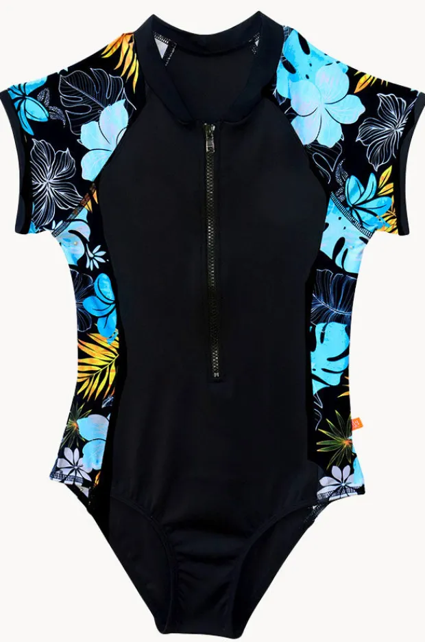 Rashies & Sunsuits|Salty Ink Girls Tropicana Short Sleeve Sunsuit Black