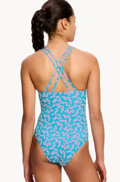 Period Swimwear|One Pieces|Modibodi Girls Wavy Cross Back One Piece Blue