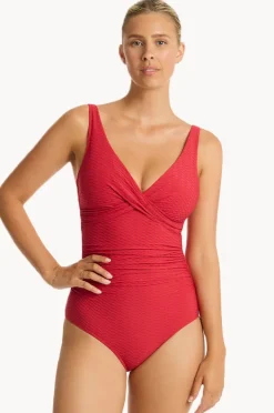 One Pieces|Sea Level Honeycomb Cross Front One Piece Red