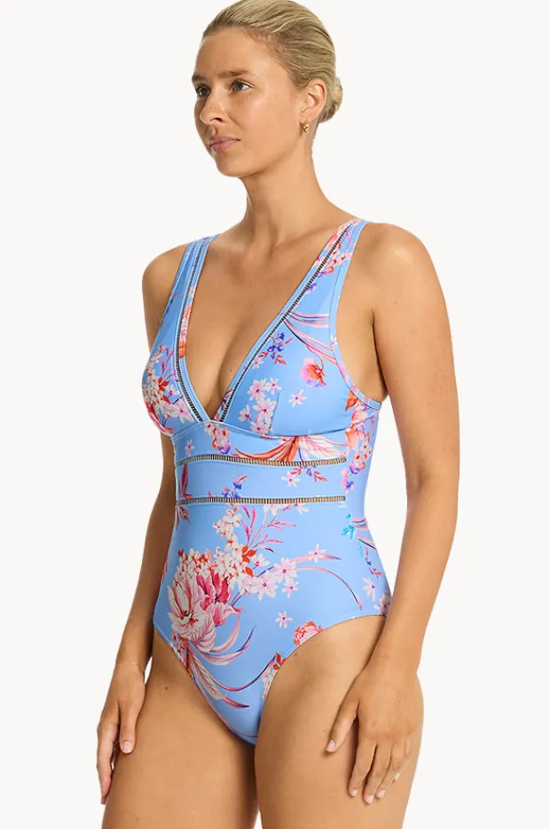 One Pieces|Sea Level Indochine Spliced One Piece Light blue