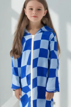 Towel Robes & Ponchos|Towel Robes & Ponchos|Back Beach Co Kids Tidal Checker Hooded Towelling Robe 7-11Y Blue