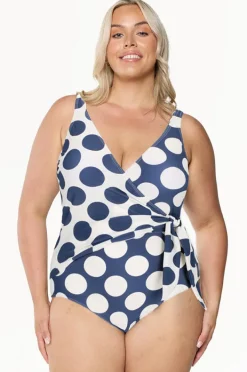 One Pieces|Capriosca Large Polka Dot Tie Waist One Piece Navy/white