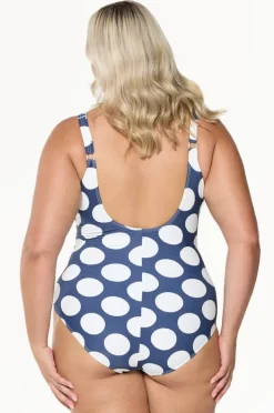 One Pieces|Capriosca Large Polka Dot Tie Waist One Piece Navy/white
