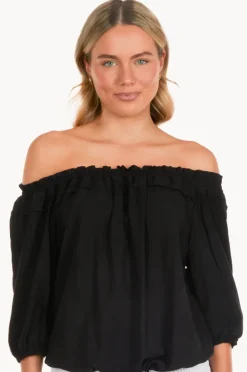 Tops|Bodacious Leaf Peasant Top Black