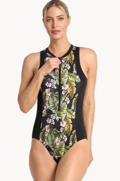 One Pieces|Poolproof Leafique Zip One Piece Black