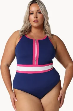 One Pieces|Capriosca Luxe Sport Zip High Neck One Piece Navy/Pink