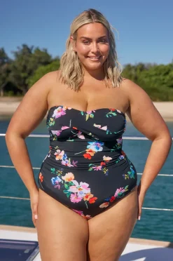 One Pieces|Capriosca Malibu Twist Front Bandeau One Piece Black/multi