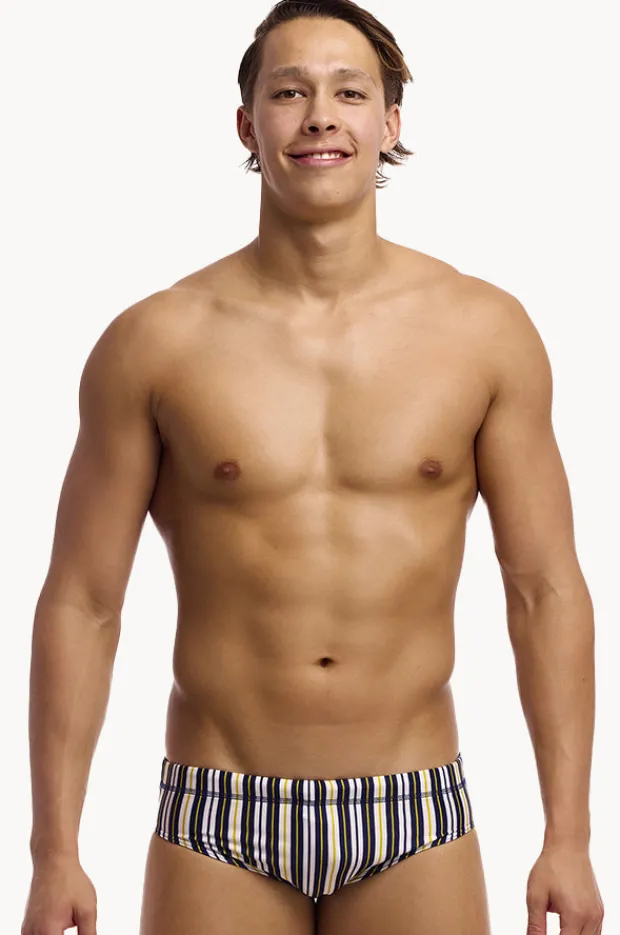 Briefs|Funky Trunks Mens Admiralty Stripe Brief Navy/yellow