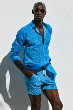 Boardshorts|Pier St. Barth Mens Curly Swim Short Turquoise