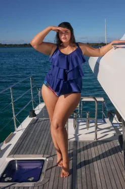 Tankini Tops|Capriosca Metallic Tiered Frill Tankini Separate Navy