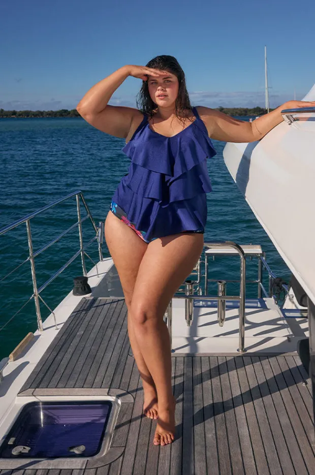 Tankini Tops|Capriosca Metallic Tiered Frill Tankini Separate Navy