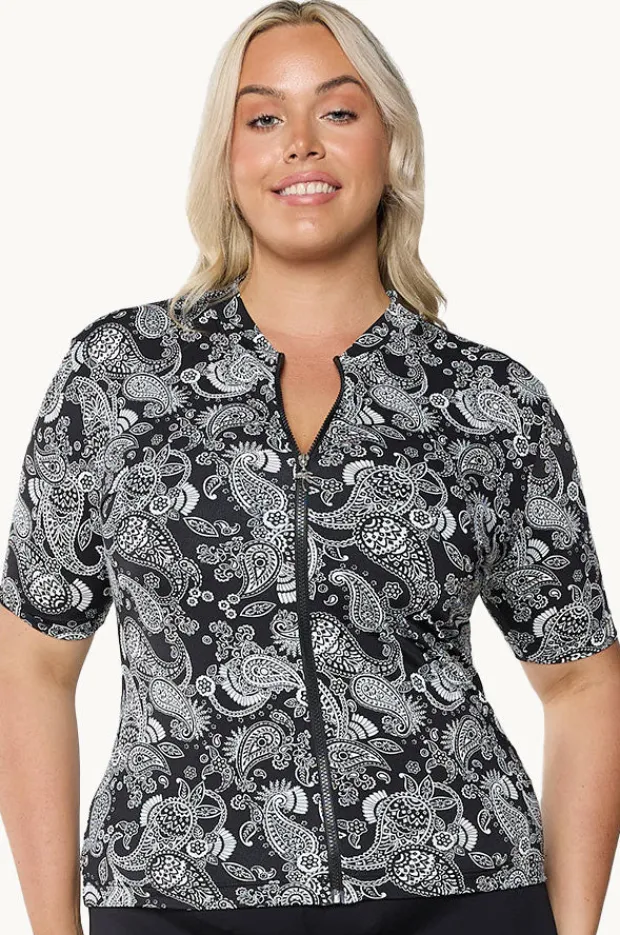 Rashies & Sunsuits|Capriosca Mono Paisley Short Sleeve Suntop Black/white