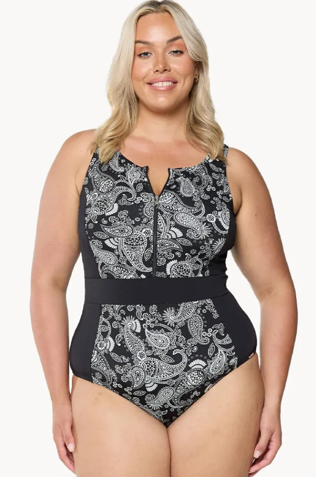 One Pieces|Capriosca Mono Paisley Zip High Neck One Piece Black/white