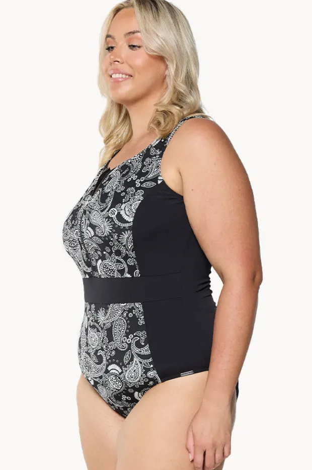 One Pieces|Capriosca Mono Paisley Zip High Neck One Piece Black/white