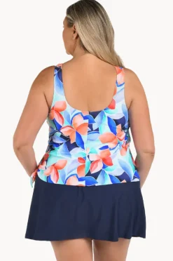 One Pieces|Maxine Mosaic Leaves Skirtini Swim Dress + Navy/Coral