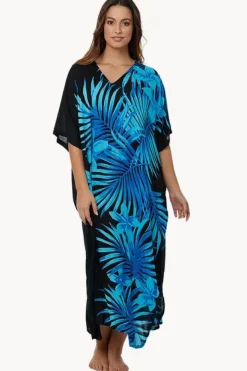 Overswim|Sundrenched Palm Frond Long Kaftan Blue