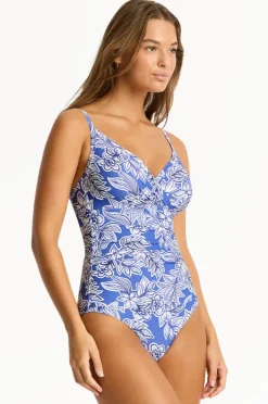One Pieces|Sea Level Palmera DD/E Cup Wrap Front One Piece Blue