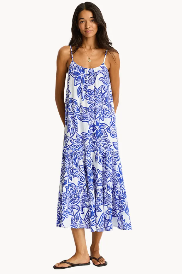 Dresses|Sea Level Palmera Resort Tiered Midi Sundress Blue