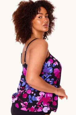 Tankini Tops|Genevieve Paper Flowers Blouson Tankini Separate Black/purple