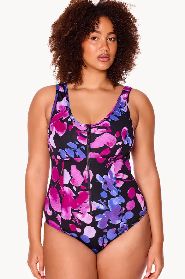 One Pieces|Genevieve Paper Flowers Zip Front One Piece Black/purple