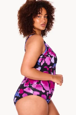 One Pieces|Genevieve Paper Flowers Zip Front One Piece Black/purple