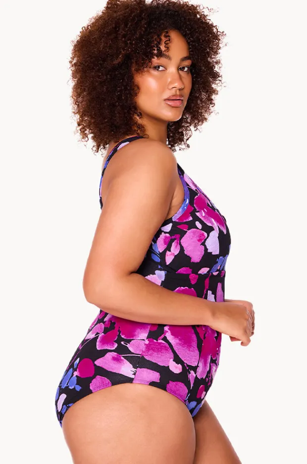 One Pieces|Genevieve Paper Flowers Zip Front One Piece Black/purple