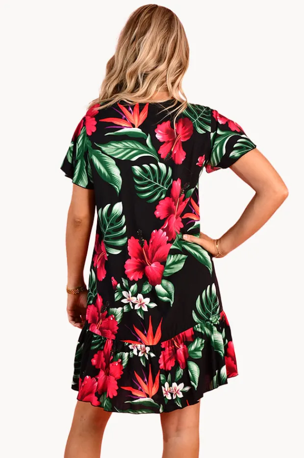 Dresses|Go Girl Pink Hibiscus Cap Sleeve Button Dress Black/multi