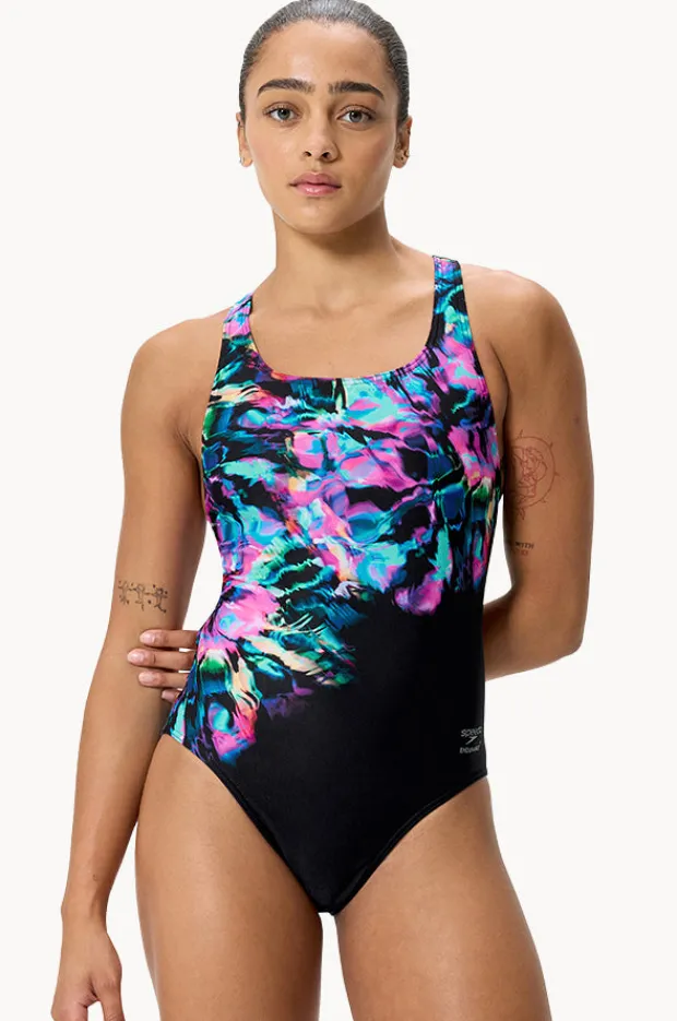 One Pieces|Speedo Placement Printed Powerback One Piece Black/Multi