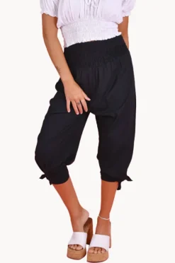 Pants|Go Girl Plain 3/4 Rouched Tie Pants Black