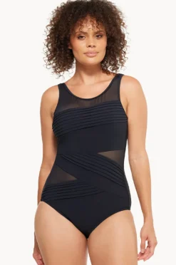 One Pieces|Togs Swimwear Plain Mesh Pleated High Neck One Piece BLACK