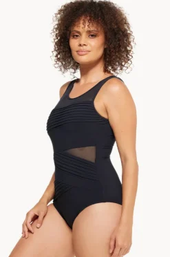 One Pieces|Togs Swimwear Plain Mesh Pleated High Neck One Piece BLACK
