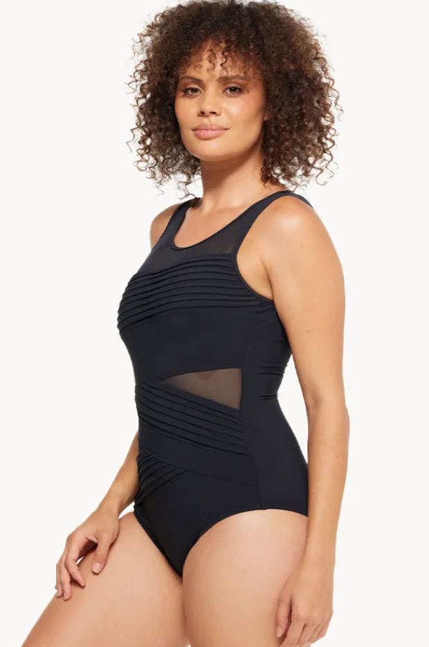 One Pieces|Togs Swimwear Plain Mesh Pleated High Neck One Piece BLACK