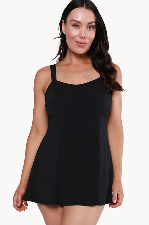 One Pieces|Capriosca Plain Panelled Swim Dress + Black