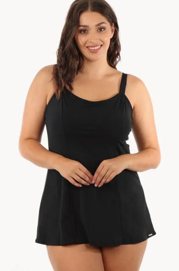 One Pieces|Capriosca Plain Panelled Swim Dress + Black