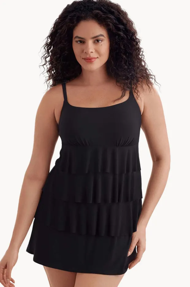 One Pieces|Longitude Plain Ruffle Skirtini Swim Dress BLACK