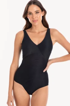 One Pieces|Togs Swimwear Plain Textured Gathered Cross Over One Piece Black