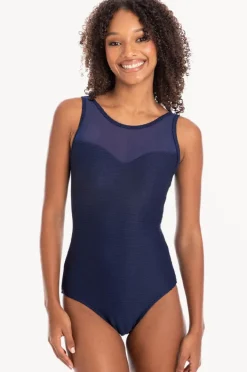 One Pieces|Togs Swimwear Plain Textured Mesh High Neck One Piece Navy
