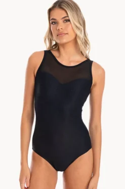 One Pieces|Togs Swimwear Plain Textured Mesh High Neck One Piece Black
