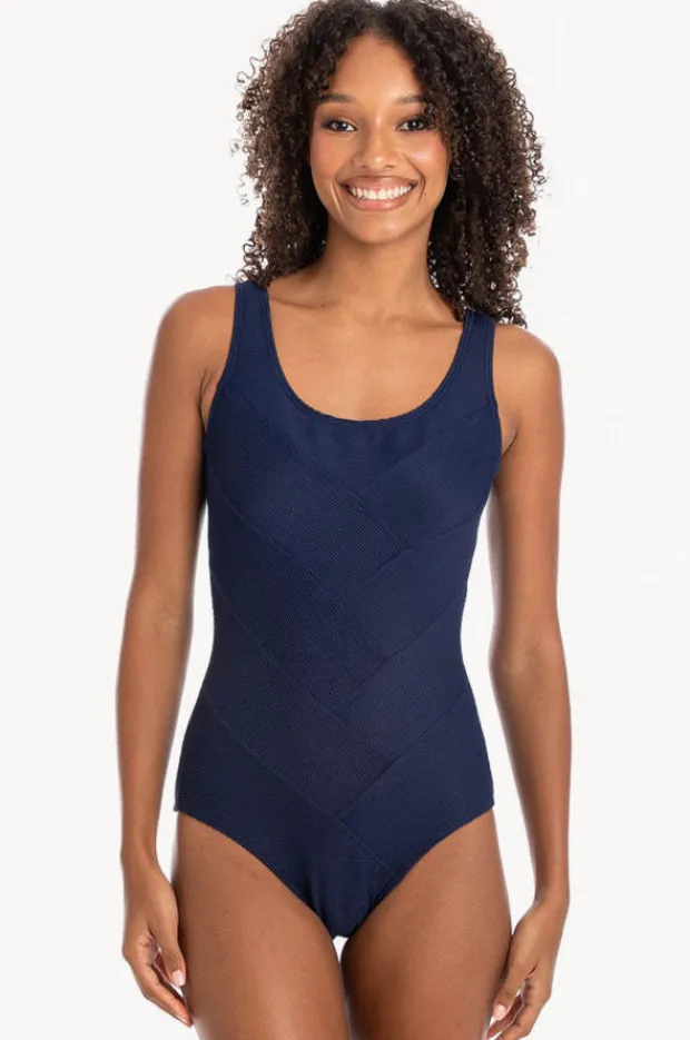 One Pieces|Togs Swimwear Plain Textured Round Neck One Piece Navy