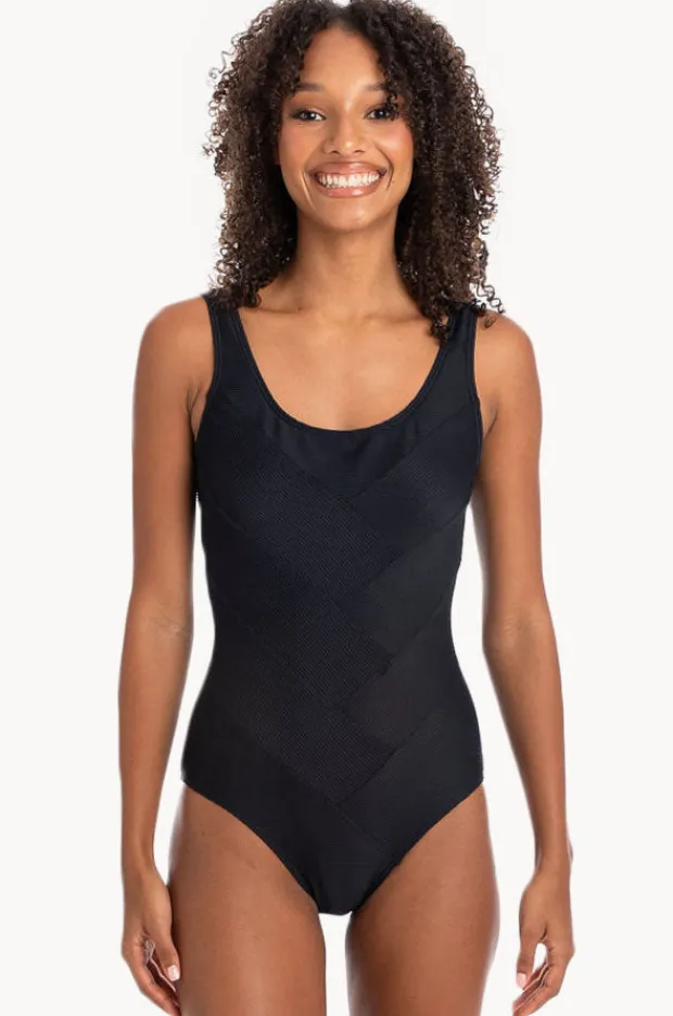 One Pieces|Togs Swimwear Plain Textured Round Neck One Piece Black