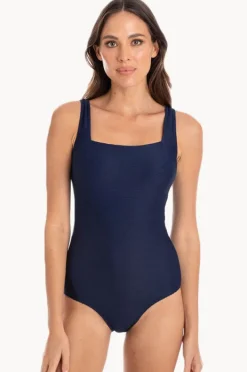 One Pieces|Togs Swimwear Plain Textured Square Neck One Piece Navy