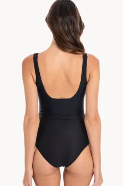 One Pieces|Togs Swimwear Plain Textured Square Neck One Piece Black