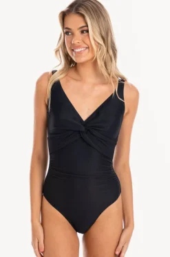 One Pieces|Togs Swimwear Plain Textured Twist Front One Piece Black