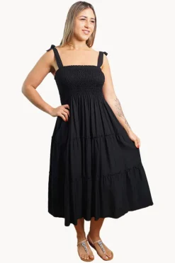 Dresses|Sundrenched Plain Tie Up Smock Dress Black