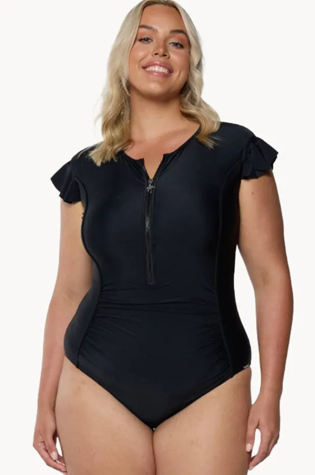 Rashies & Sunsuits|Capriosca Plain Zip Front One Piece Black