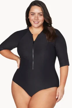 Rashies & Sunsuits|Artesands Plains Short Sleeve Zip Sunsuit Black