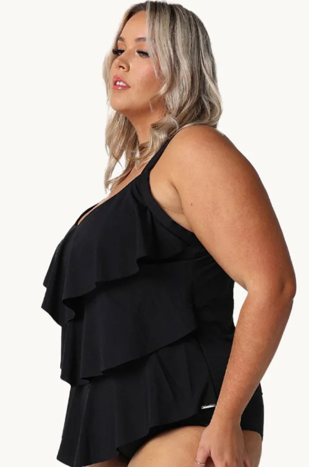 Tankini Tops|Capriosca Pool Tiered Frill Tankini Separate BLACK